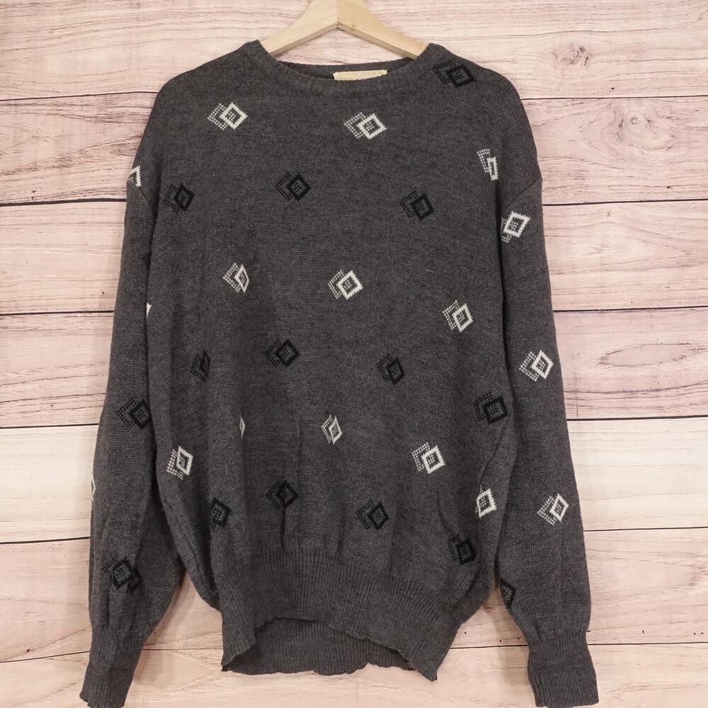 Amita Sweater XL Gray Made In Italy Geometric Diamond Knit Pattern‎ Crewneck